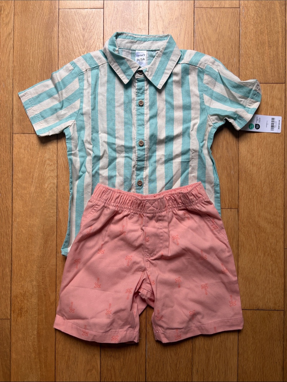 NWT🌴Carter’s Teal Stripe & Coral Pink Palm-Embroidered Kids Shorts Set